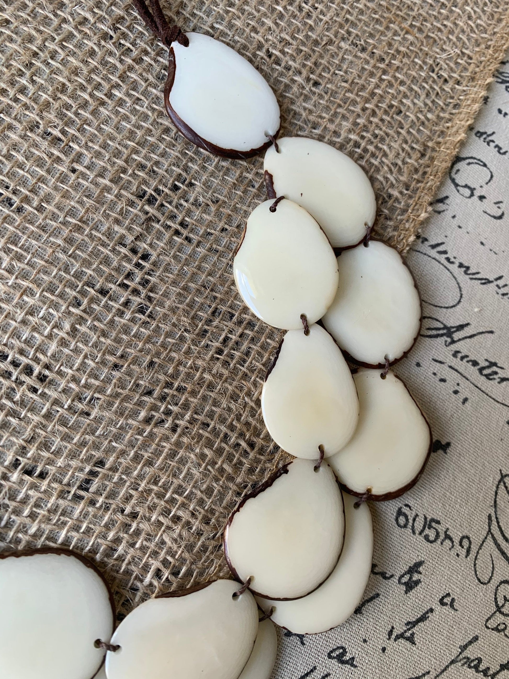 White statement necklace Tagua jewelry Double layer bib 14 year wedding anniversary gift for wife Fall fashion 2025 Wearable art