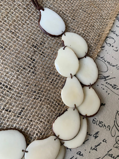 White statement necklace Tagua jewelry Double layer bib 14 year wedding anniversary gift for wife Fall fashion 2025 Wearable art