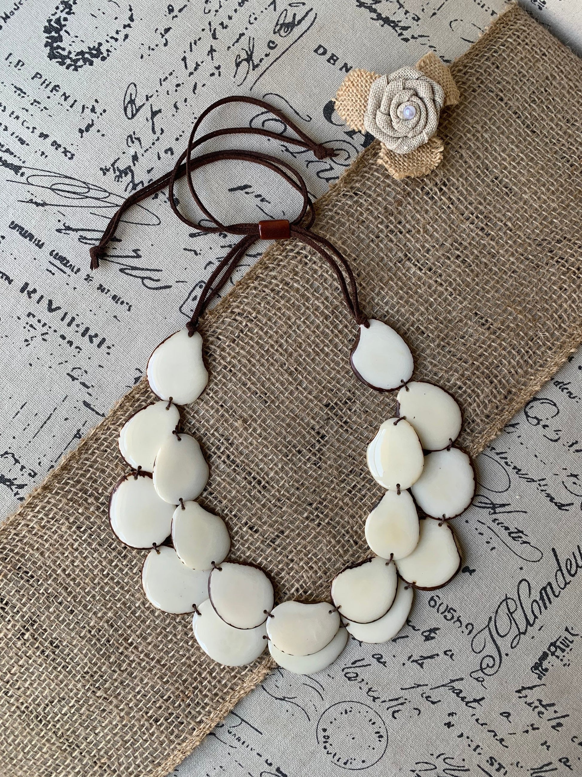 White statement necklace Tagua jewelry Double layer bib 14 year wedding anniversary gift for wife Fall fashion 2025 Wearable art