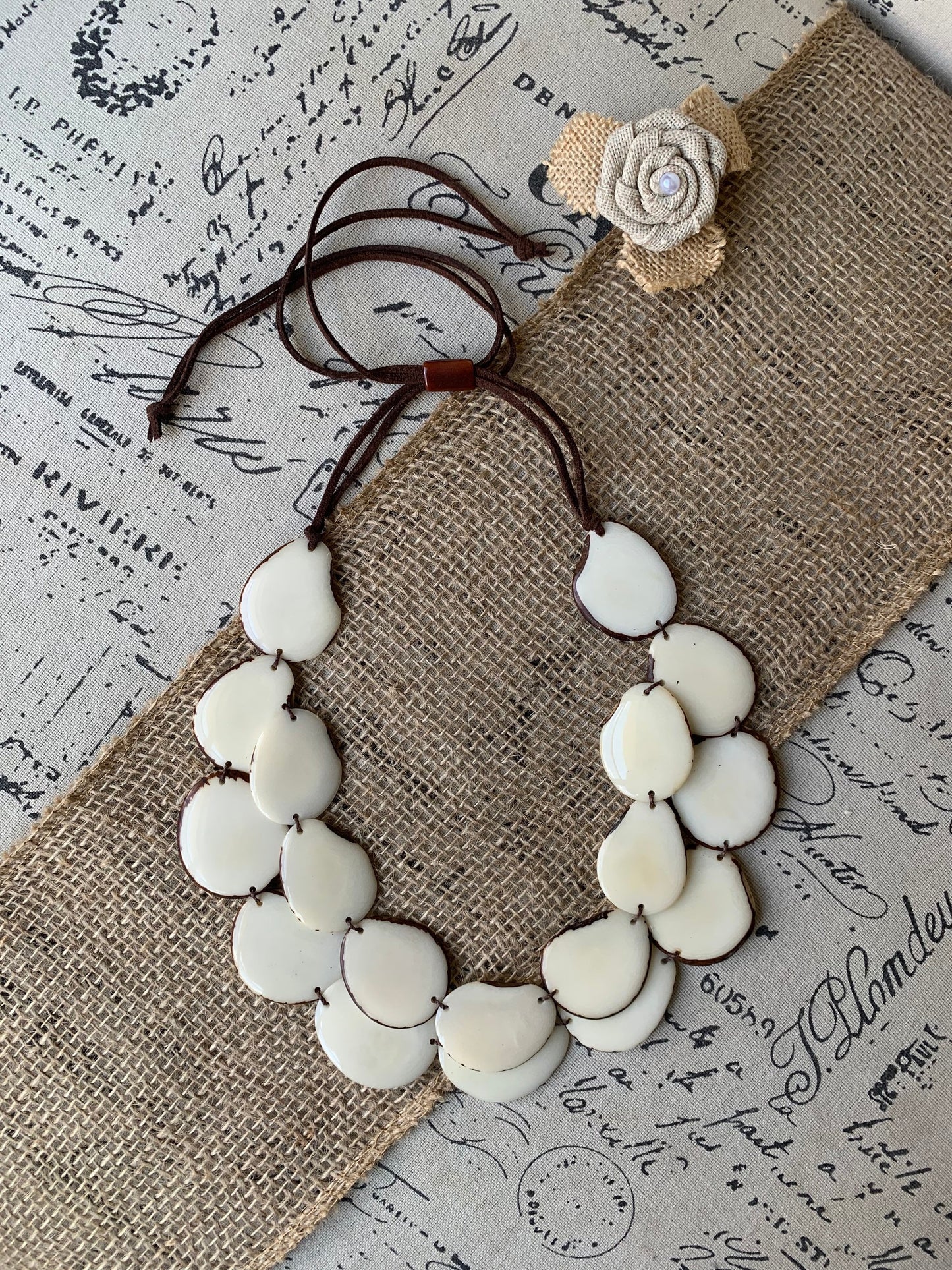 White statement necklace Tagua jewelry Double layer bib 14 year wedding anniversary gift for wife Fall fashion 2025 Wearable art