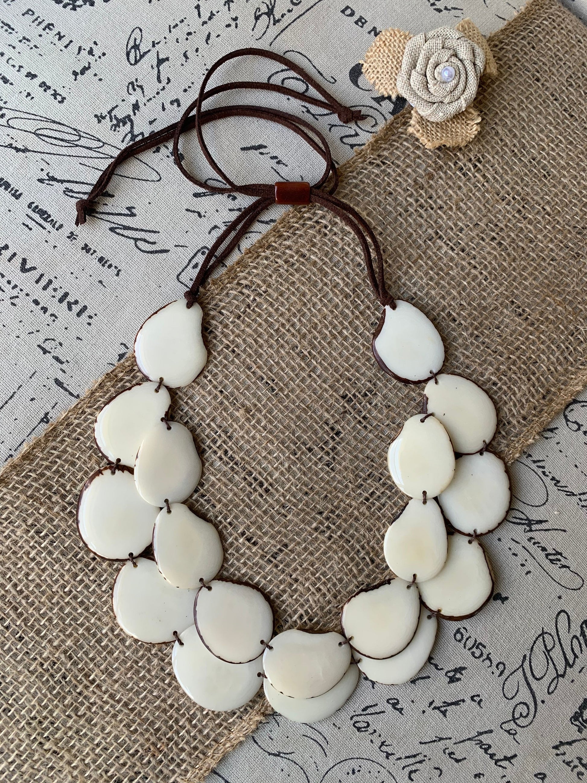 White statement necklace Tagua jewelry Double layer bib 14 year wedding anniversary gift for wife Fall fashion 2025 Wearable art