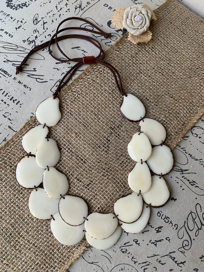 White statement necklace Tagua jewelry Double layer bib 14 year wedding anniversary gift for wife Fall fashion 2025 Wearable art