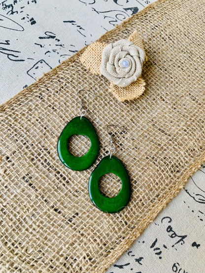 Big green earrings Tagua earrings Boho mod earrings Fall trendy jewelry Oversized huge bead earrings Hoop dangles Artvto wear Cruise wear