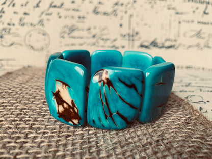 Turquoise blue huge statement bracelet Tagua jewelry Beaded stretch bangle Cuff bracelets Oversized beads Fall fashion trends Gift for her