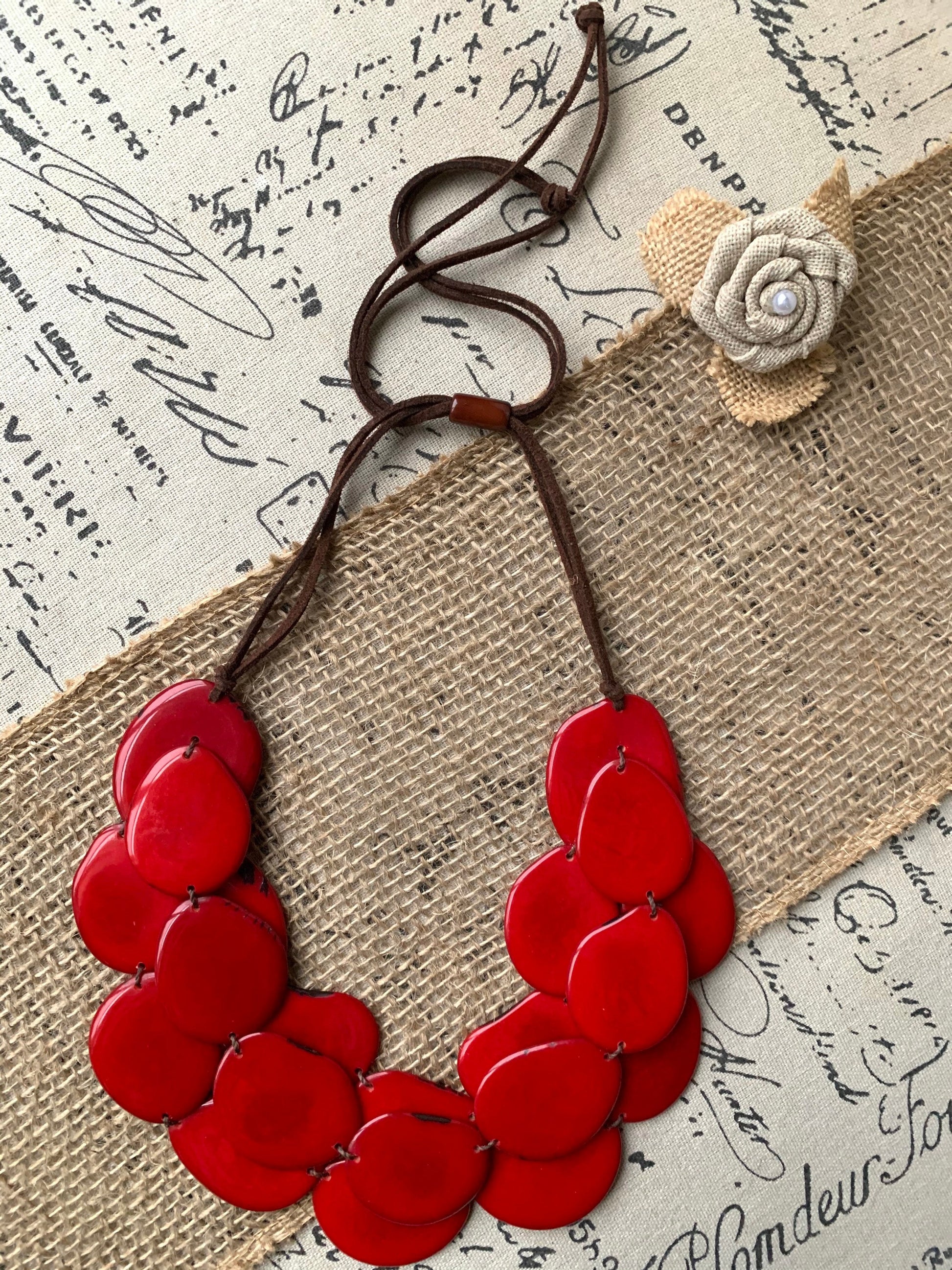 Red triple layer necklace Tagua nut jewelry Big bold necklaces Multi strand necklace Handmade beaded necklace Fall fashion Wearable Art