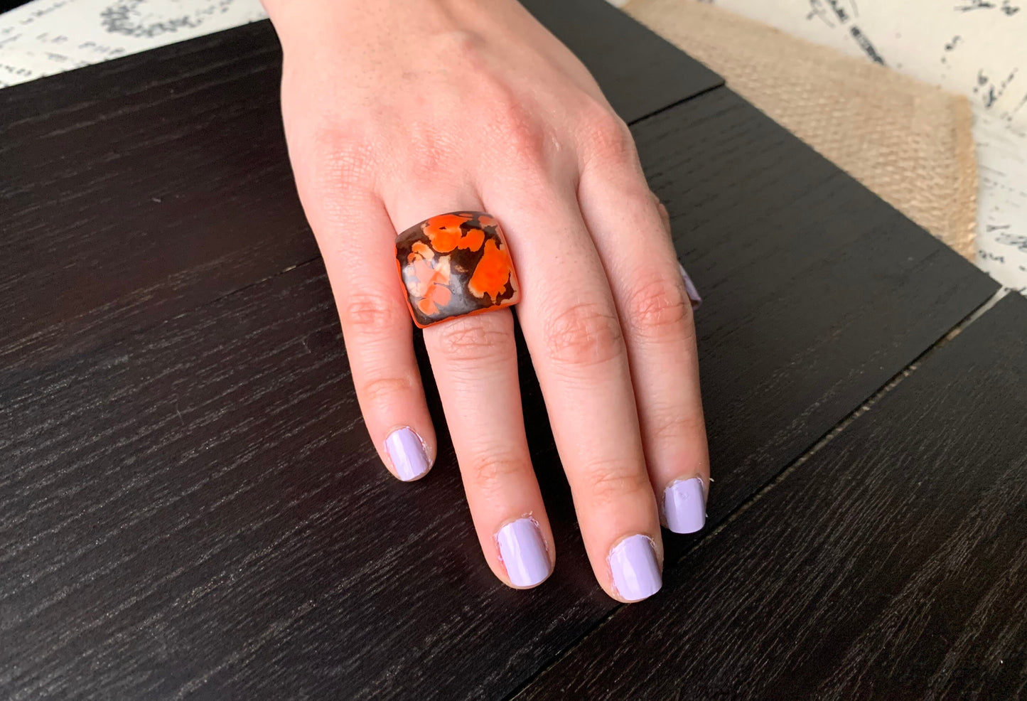 Orange statement Tagua ring Unusual jewelry Cocktail ring Beach fashion Big bold chunky Oversized huge ring Handcrafted in Colombia Organic