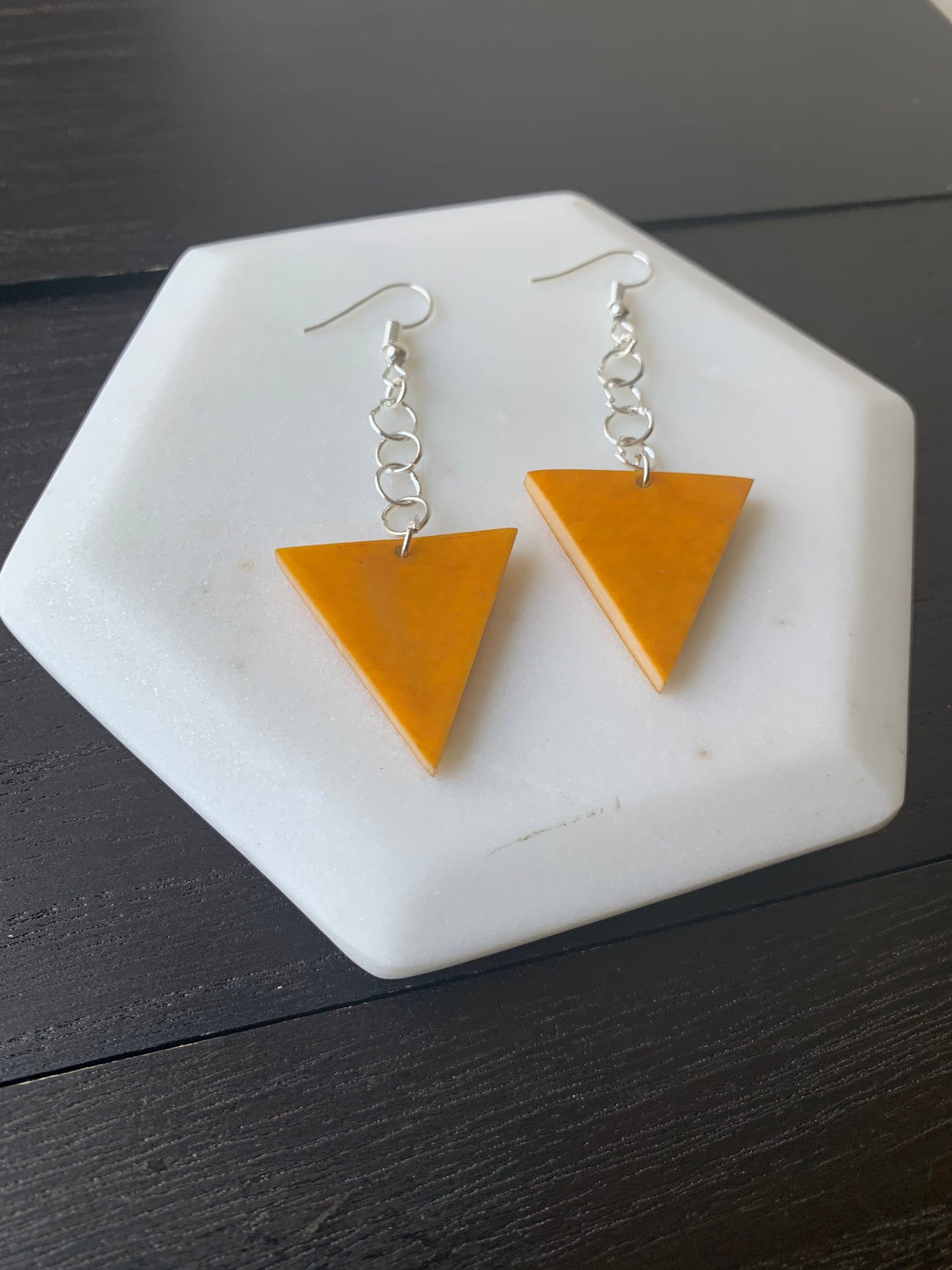 Mustard yellow earrings Tagua jewelry Big dangle earrings Fall fashion Wearable art Mod boho drops Extra long earrings Triangle geometric