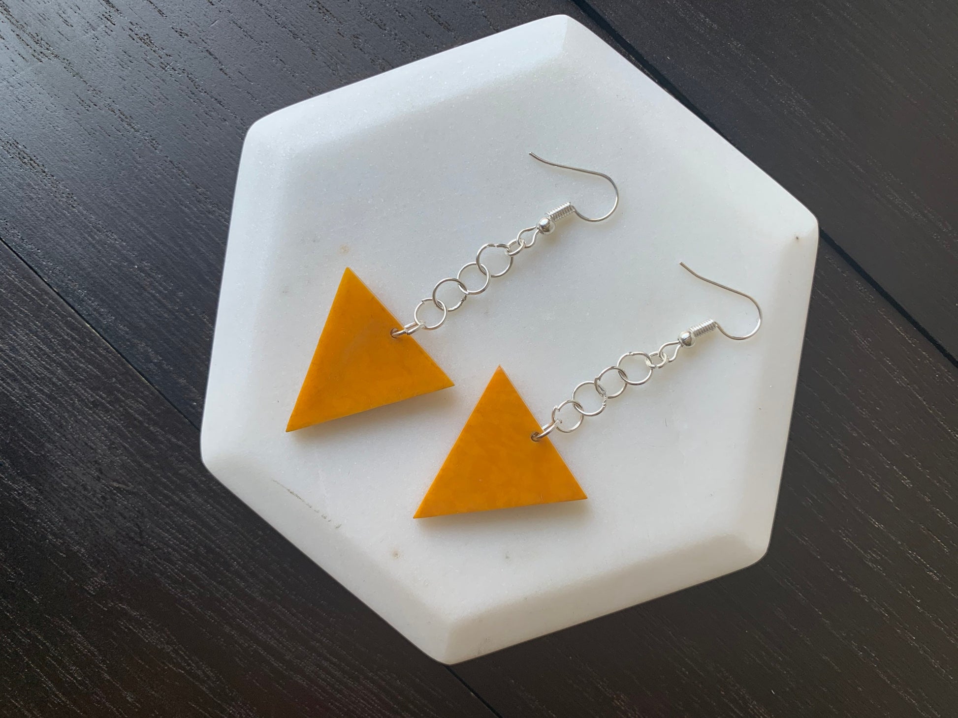 Mustard yellow earrings Tagua jewelry Big dangle earrings Fall fashion Wearable art Mod boho drops Extra long earrings Triangle geometric