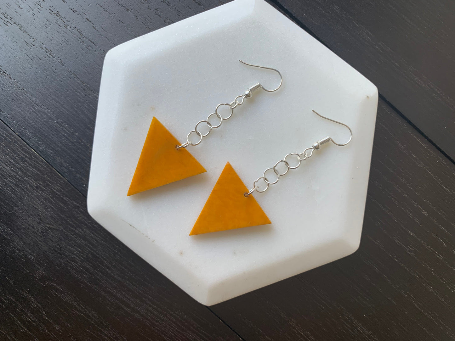 Mustard yellow earrings Tagua jewelry Big dangle earrings Fall fashion Wearable art Mod boho drops Extra long earrings Triangle geometric