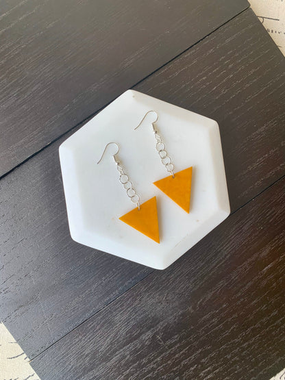 Mustard yellow earrings Tagua jewelry Big dangle earrings Fall fashion Wearable art Mod boho drops Extra long earrings Triangle geometric