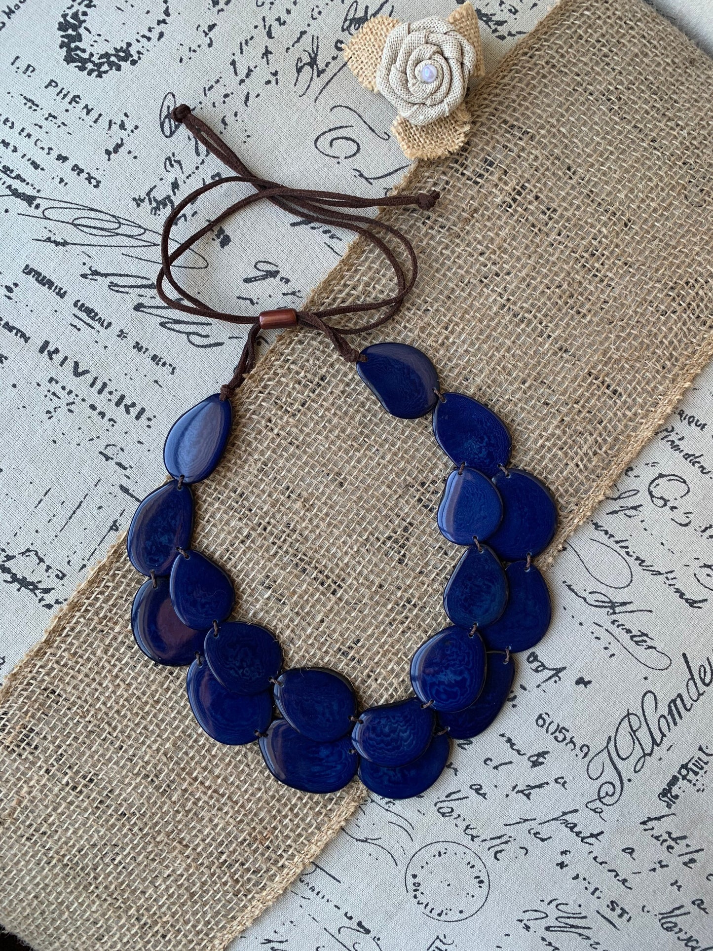 Navy blue statement necklace Double layer adjustable collar Tagua jewelry Big bold chunky For Bridesmaids Two strands bib necklace Layered