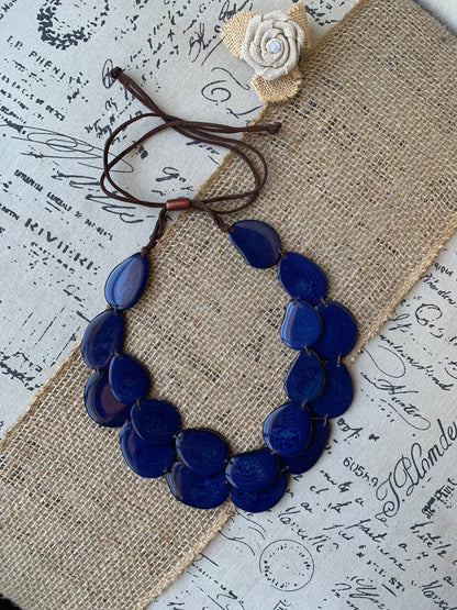 Navy blue statement necklace Double layer adjustable collar Tagua jewelry Big bold chunky For Bridesmaids Two strands bib necklace Layered