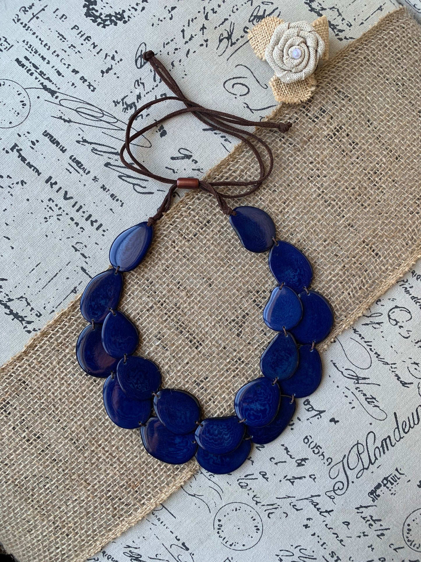 Navy blue statement necklace Double layer adjustable collar Tagua jewelry Big bold chunky For Bridesmaids Two strands bib necklace Layered