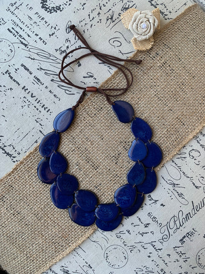Navy blue statement necklace Double layer adjustable collar Tagua jewelry Big bold chunky For Bridesmaids Two strands bib necklace Layered