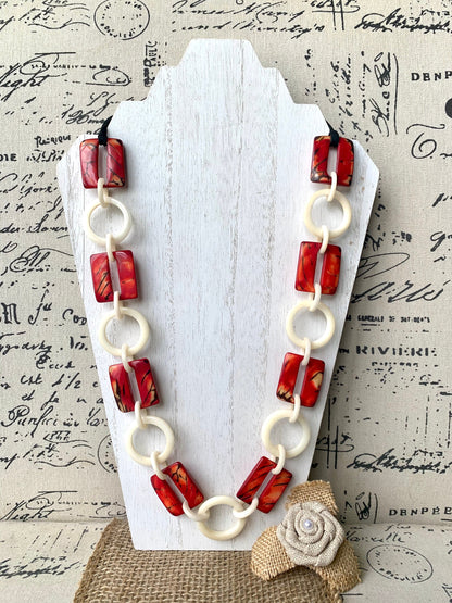 Red and ivory white fashion Tagua necklace Extra long adjustable beaded necklace 1Statement geometric jewelry Wearable art Fall fashion