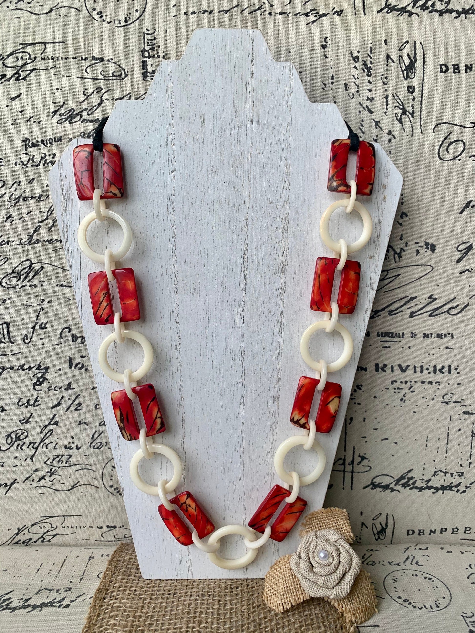 Red and ivory white fashion Tagua necklace Extra long adjustable beaded necklace 1Statement geometric jewelry Wearable art Fall fashion