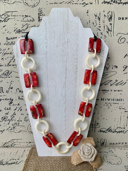 Red and ivory white fashion Tagua necklace Extra long adjustable beaded necklace 1Statement geometric jewelry Wearable art Fall fashion