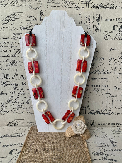 Red and ivory white fashion Tagua necklace Extra long adjustable beaded necklace 1Statement geometric jewelry Wearable art Fall fashion
