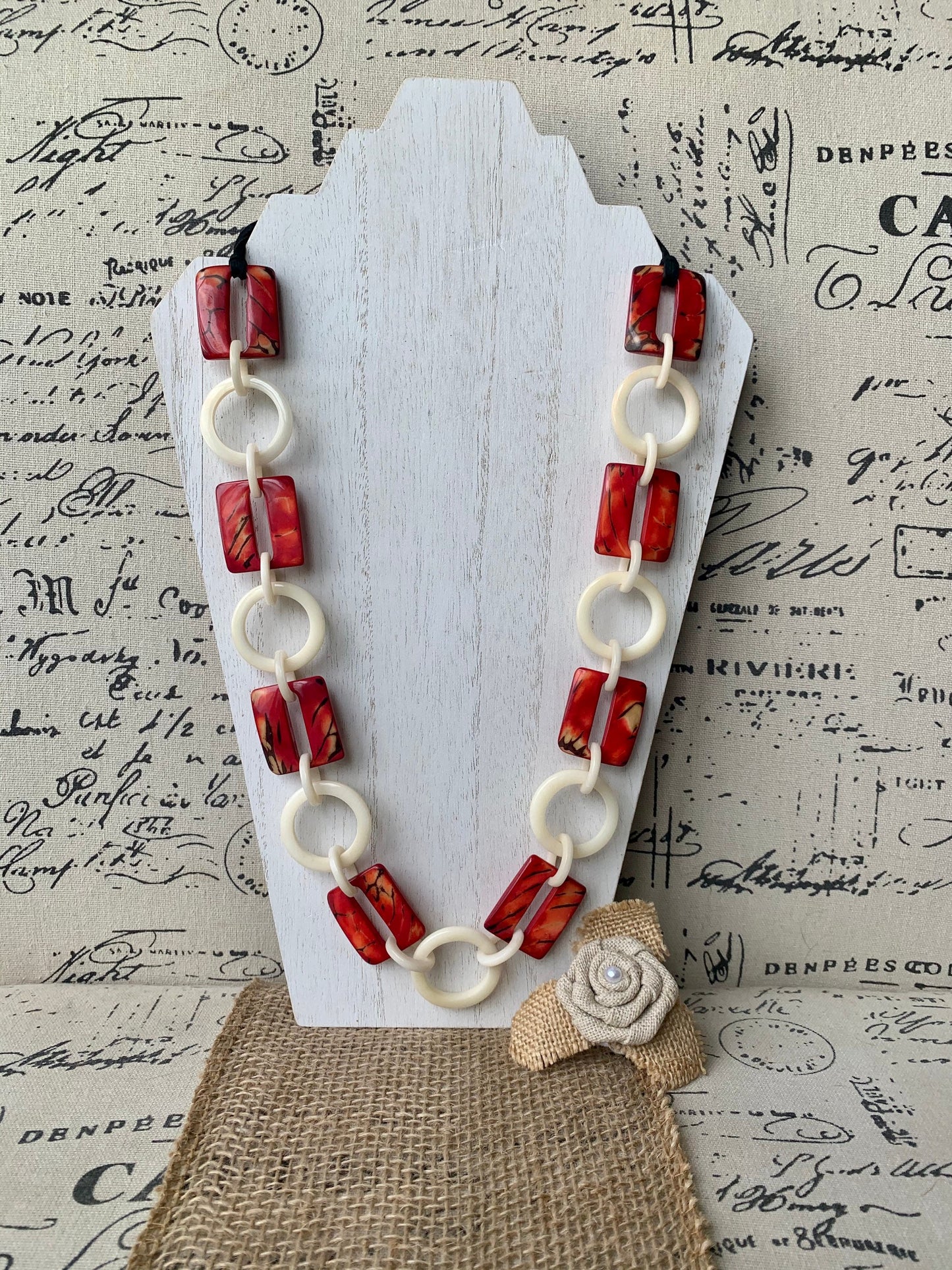 Red and ivory white fashion Tagua necklace Extra long adjustable beaded necklace 1Statement geometric jewelry Wearable art Fall fashion
