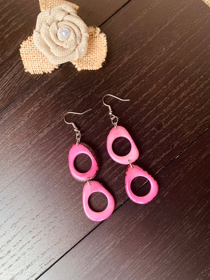Pink extra long dangle earrings Tagua jewelry Statement drops Boho mod hoops Fall trends Fashion jewelry Trendy earrings Art to wear