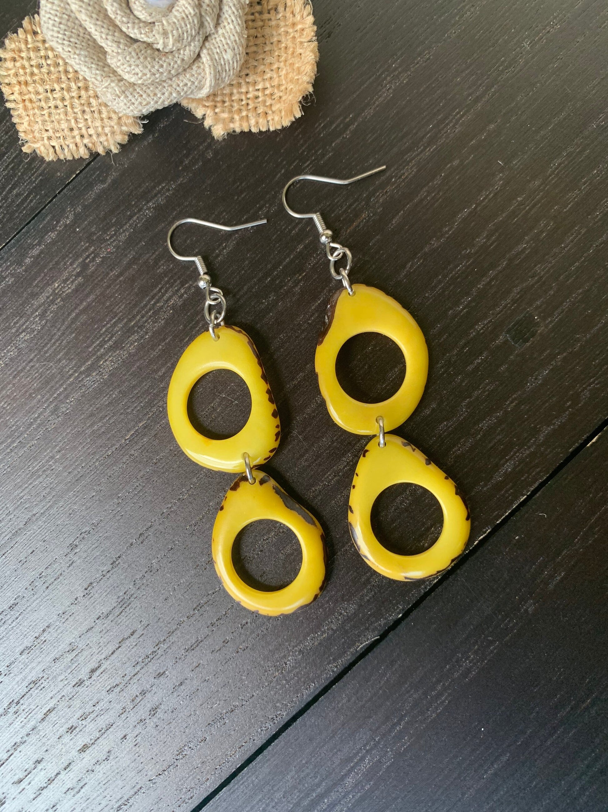 Yellow Tagua Nut Earrings, Boho Dangle Statement Jewelry, Hypoallergenic and lightweight