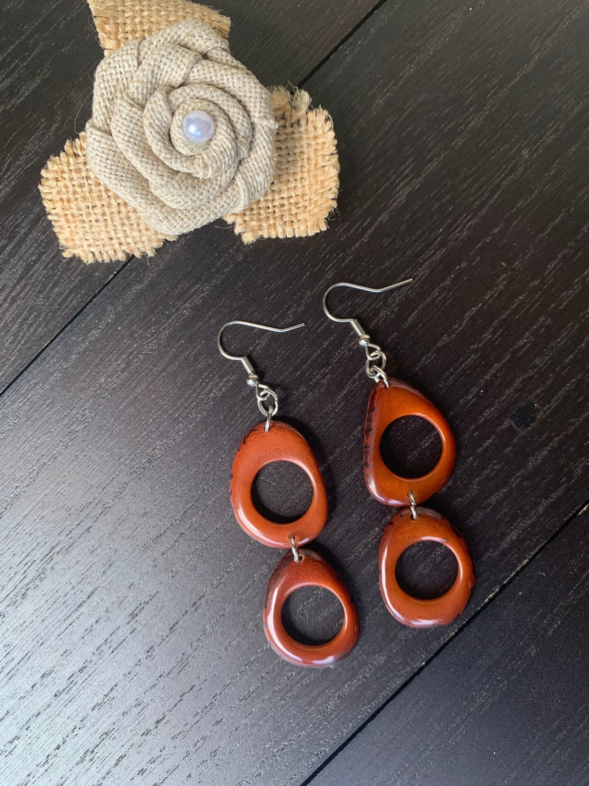 Brown extra long dangle fashion earrings Tagua nut jewelry Statement drops Boho mod hoops Anniversary gifts for wife Fall fashion trends