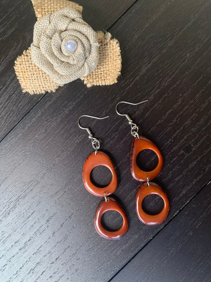 Brown extra long dangle fashion earrings Tagua nut jewelry Statement drops Boho mod hoops Anniversary gifts for wife Fall fashion trends