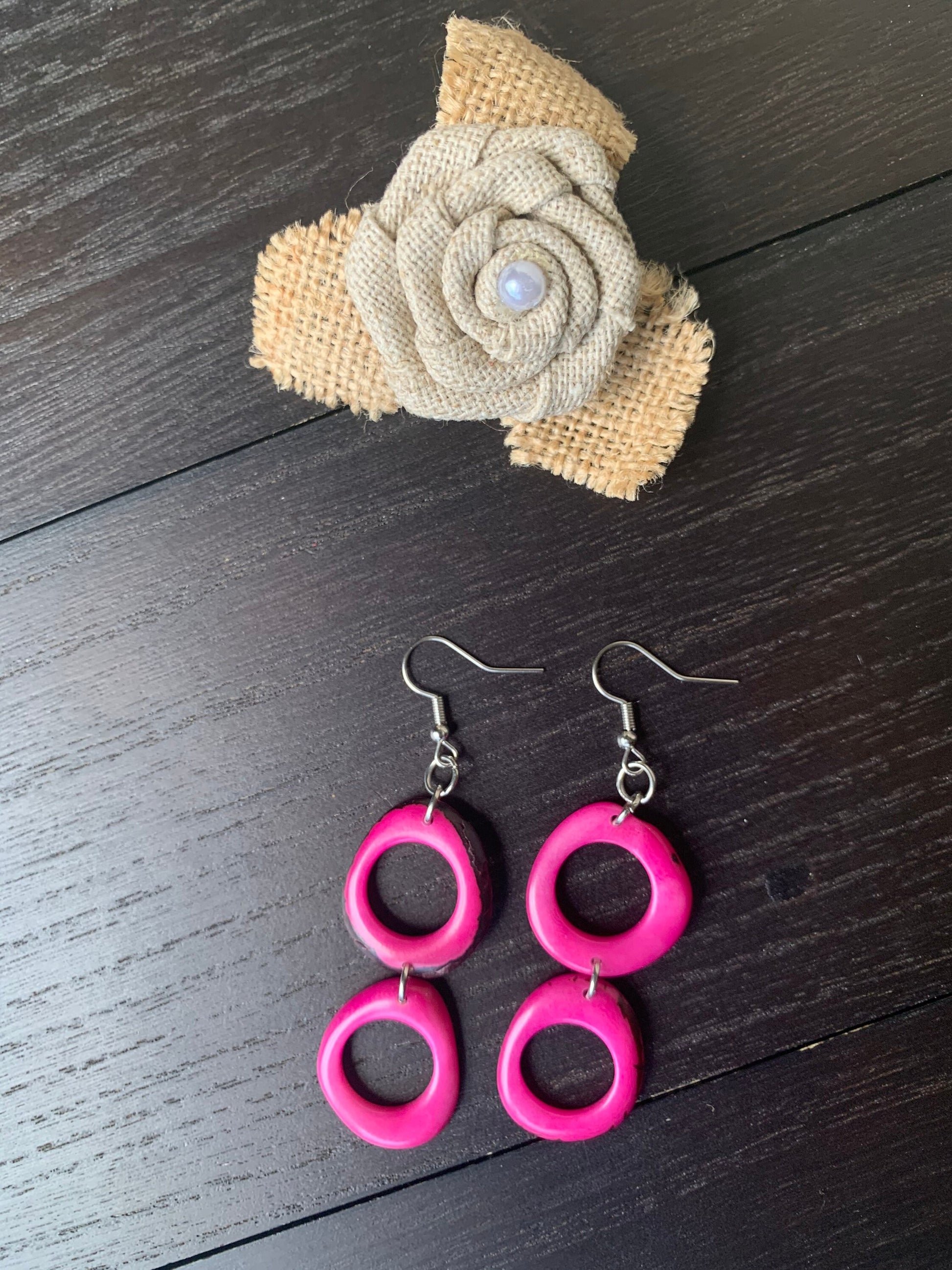 Hot pink extra long dangle fashion earrings Tagua nut jewelry Statement drops Boho mod hoops Anniversary gifts for wife Handmade beaded