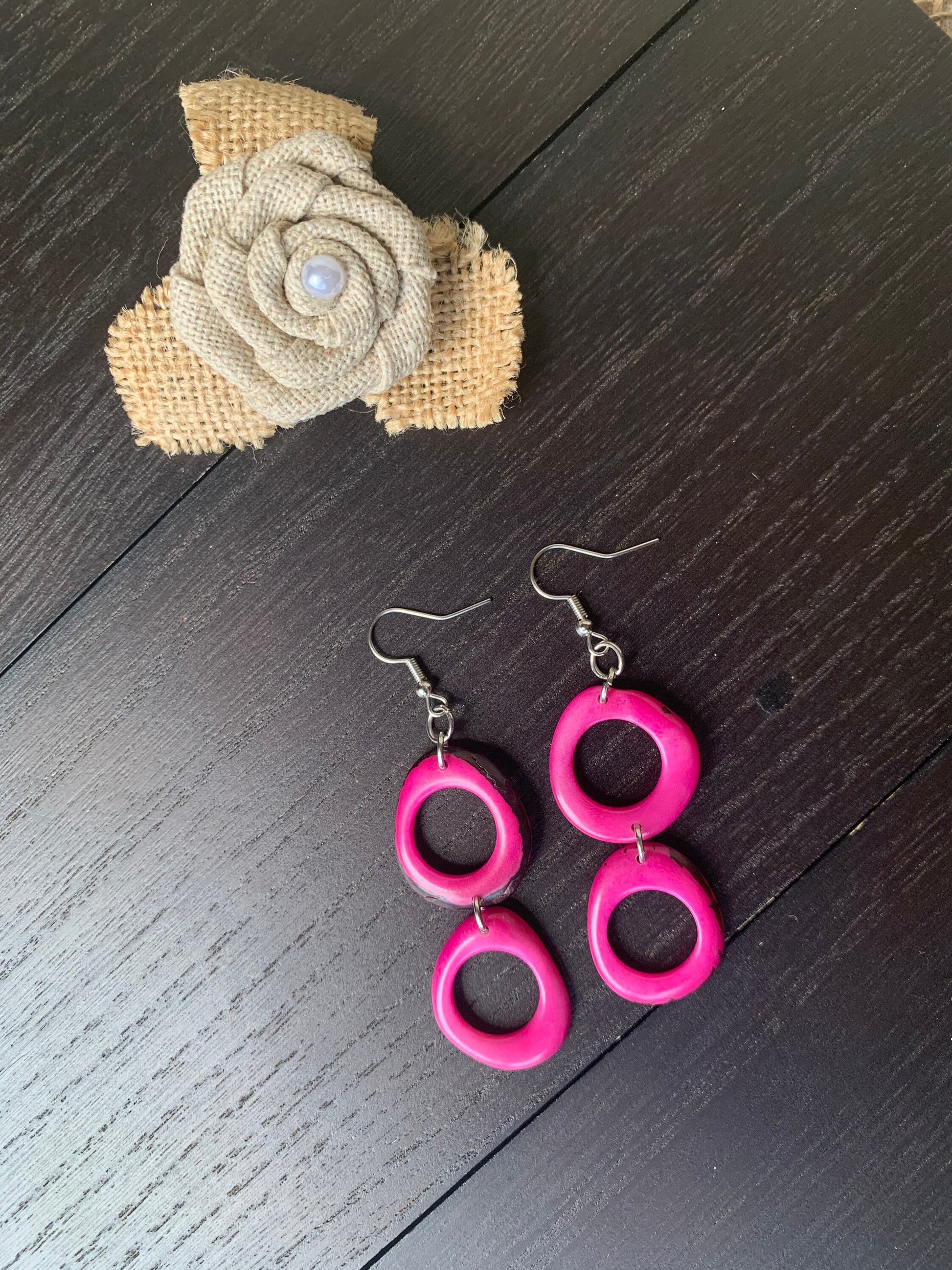 Hot pink extra long dangle fashion earrings Tagua nut jewelry Statement drops Boho mod hoops Anniversary gifts for wife Handmade beaded