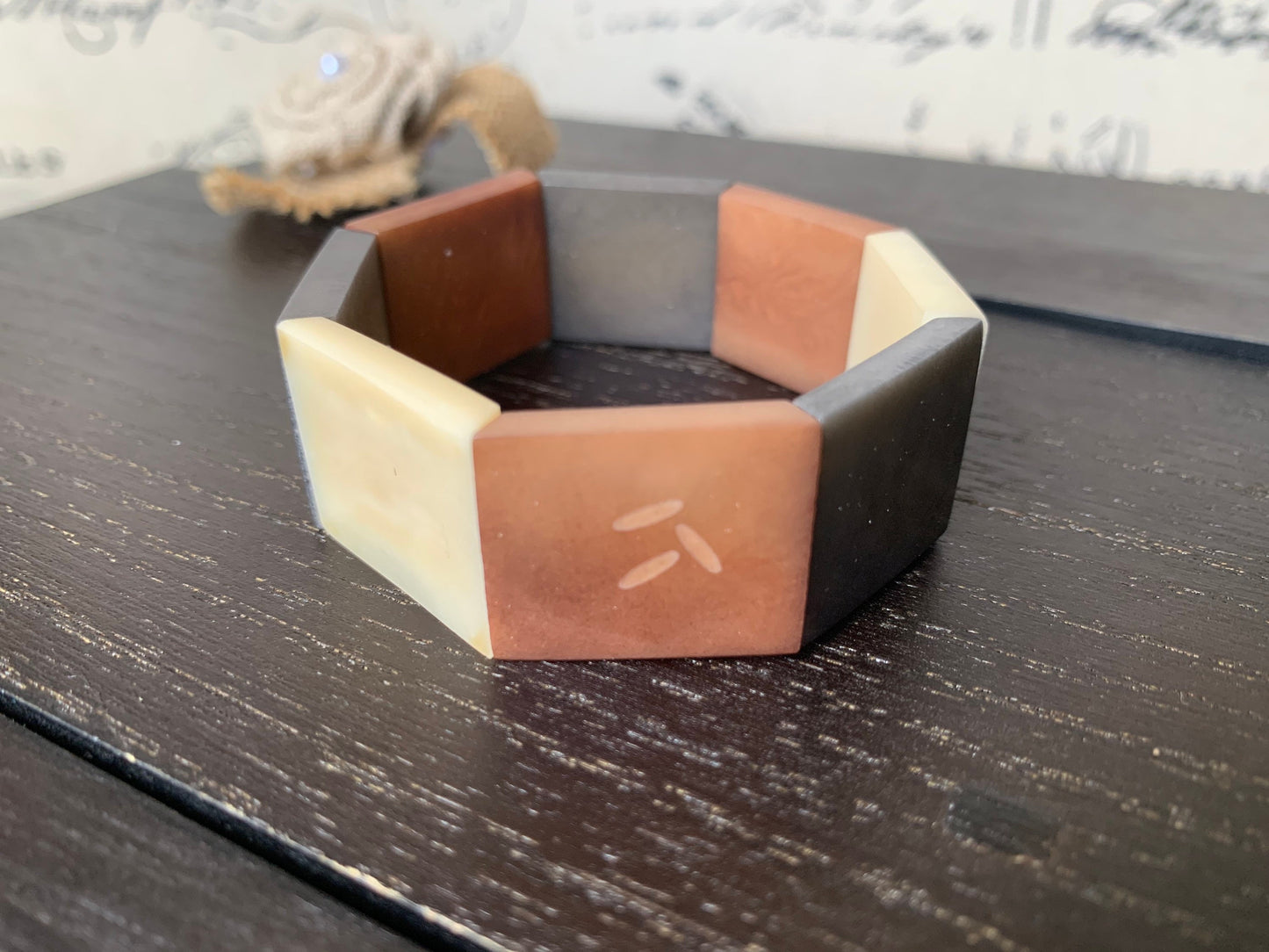 Brown Ivory and Gray Bracelet Tagua nut jewelry Statement beaded bracelet Wearable art Elastic stretch bracelet Mothers day gift Art to wear