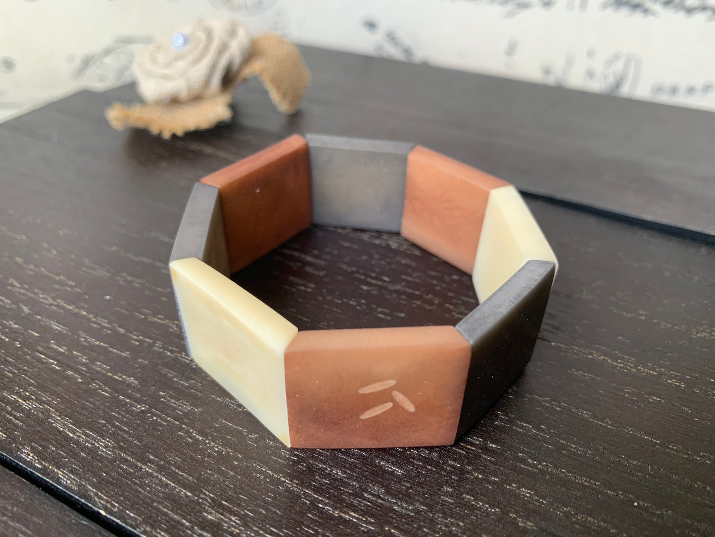 Brown Ivory and Gray Bracelet Tagua nut jewelry Statement beaded bracelet Wearable art Elastic stretch bracelet Mothers day gift Art to wear