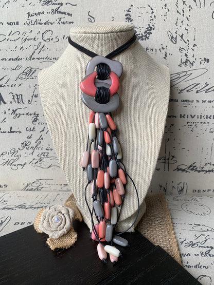 Pink peach gray statement necklace Tagua nut jewelry Macrame fringe necklace Boho jewelry Boho Extra long adjustable cord