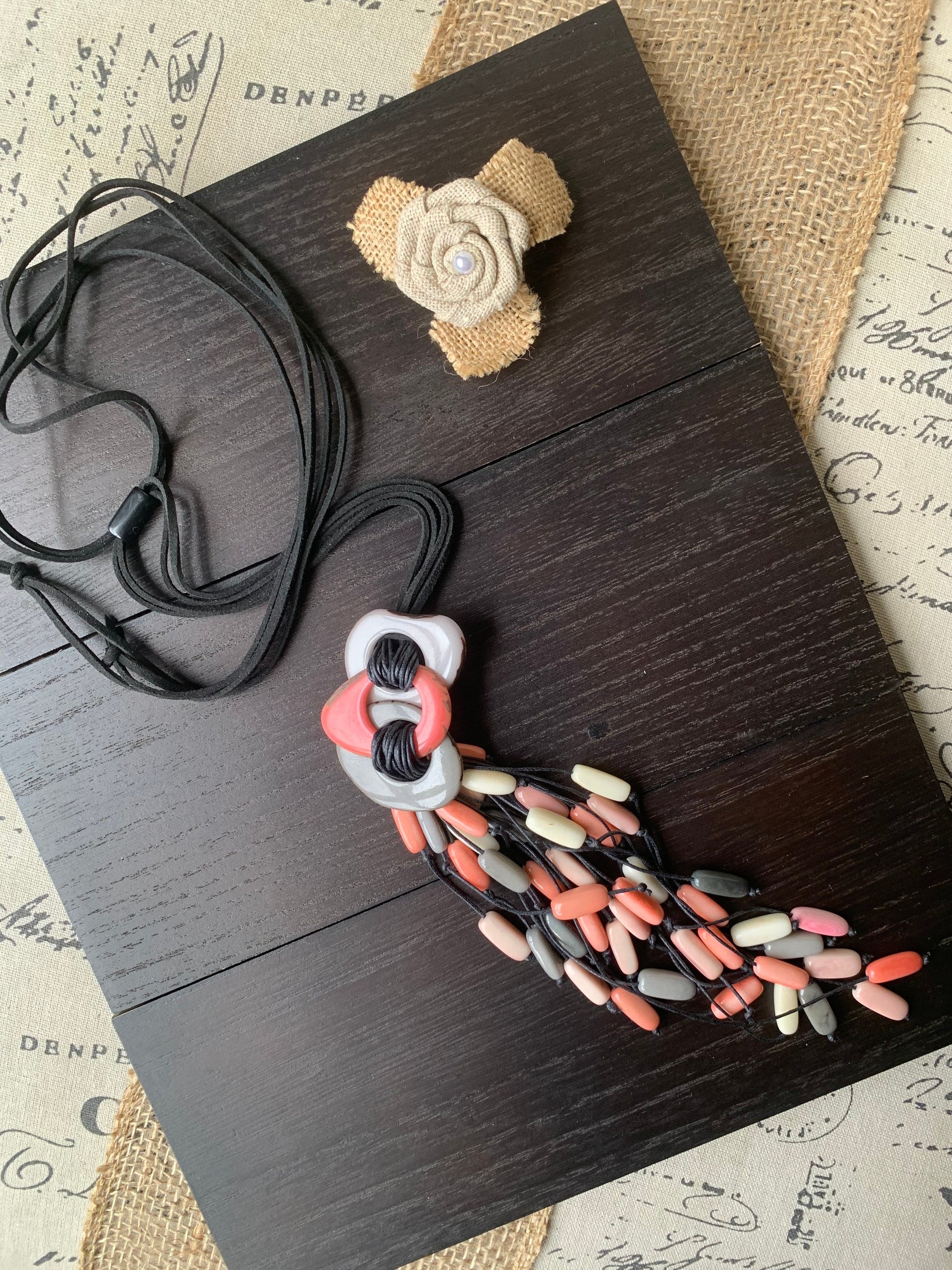 Pink peach gray statement necklace Tagua nut jewelry Macrame fringe necklace Boho jewelry Boho Extra long adjustable cord
