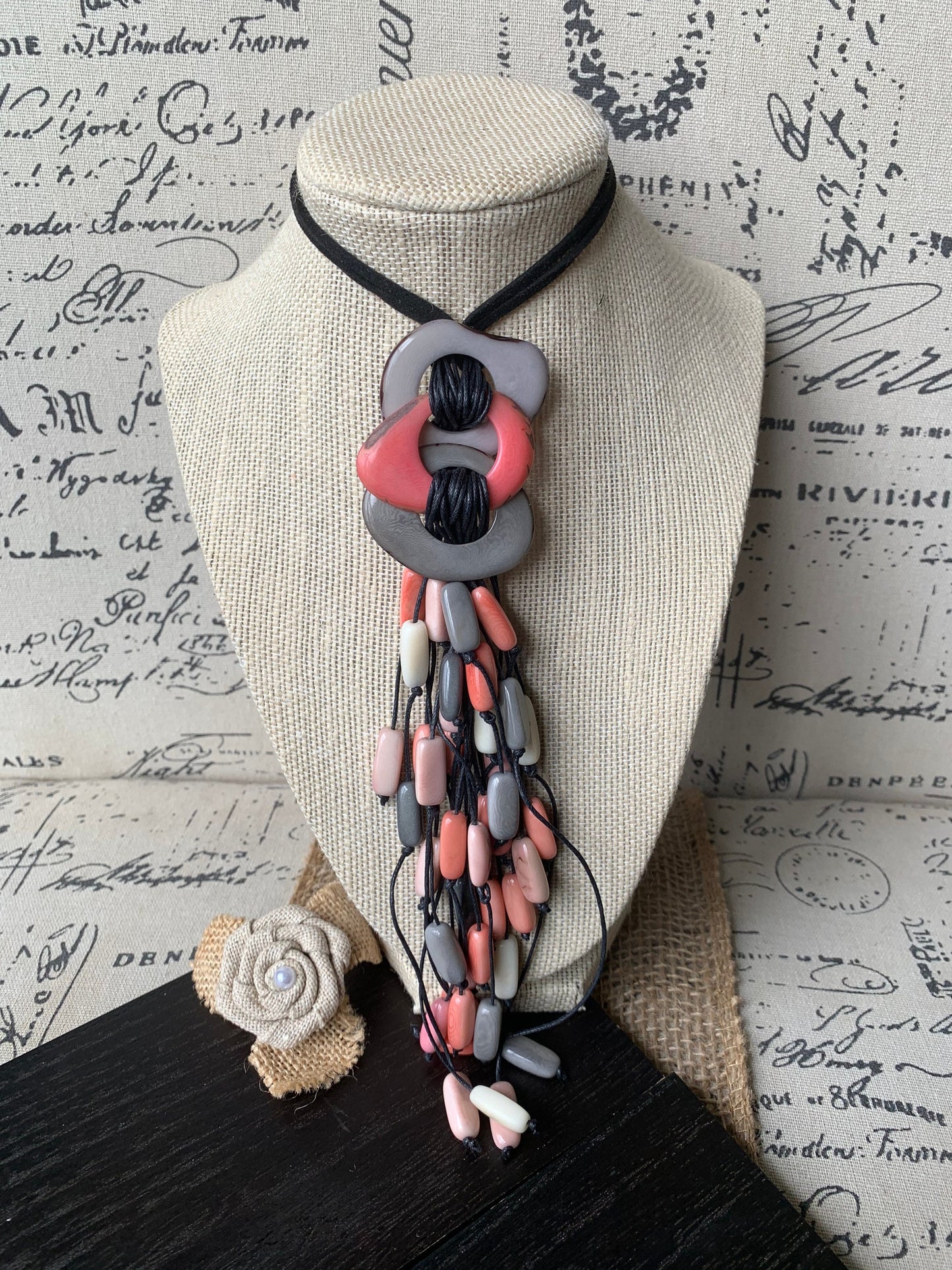 Pink peach gray statement necklace Tagua nut jewelry Macrame fringe necklace Boho jewelry Boho Extra long adjustable cord