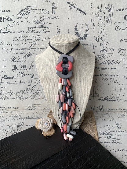 Pink peach gray statement necklace Tagua nut jewelry Macrame fringe necklace Boho jewelry Boho Extra long adjustable cord