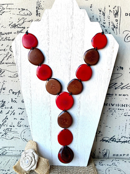 Red and brown statement necklace Tagua jewelry Adjustable cord Lightweight beaded necklace Wearable art Artisan handmade Fall fashion