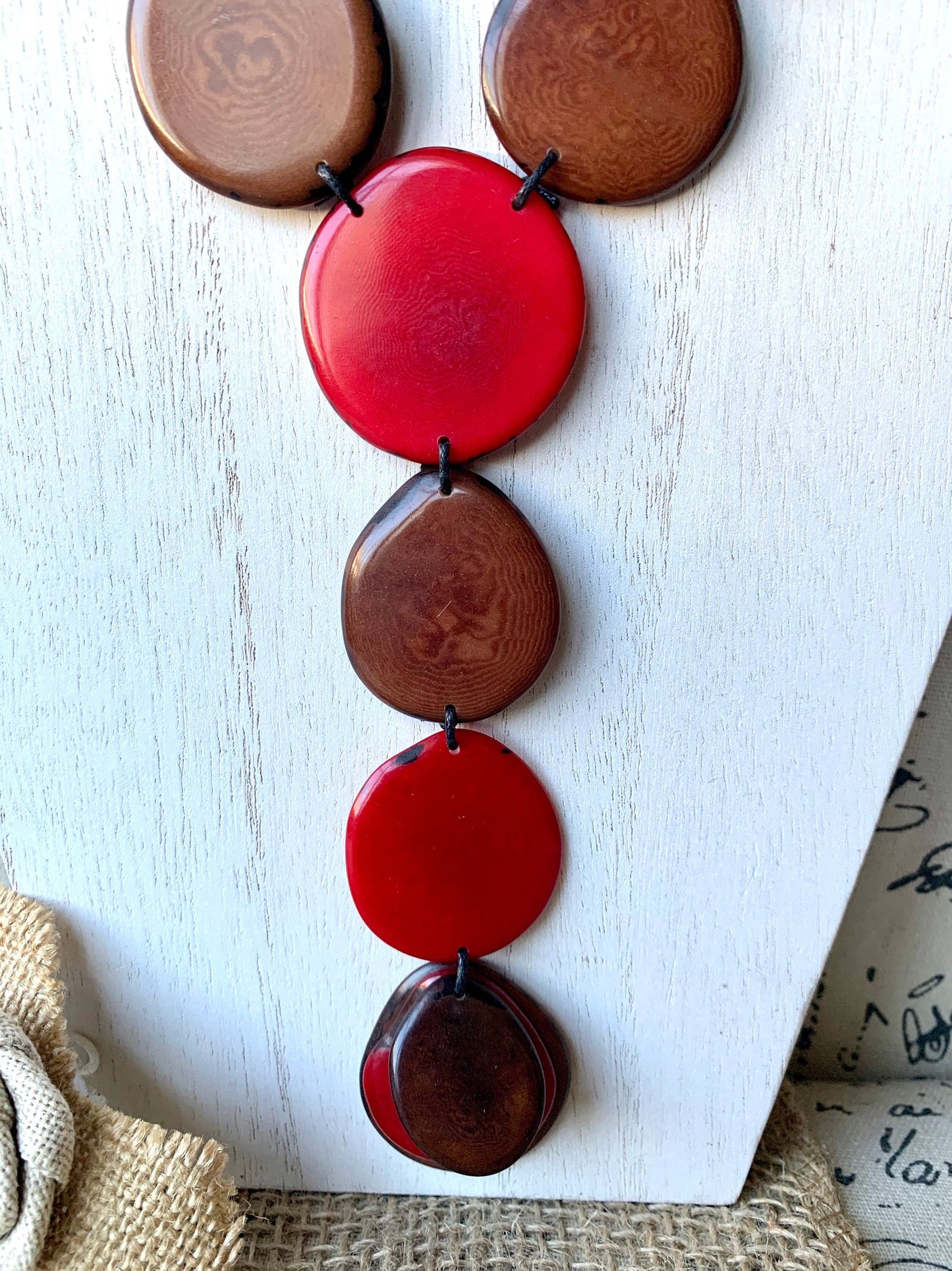 Red and brown statement necklace Tagua jewelry Adjustable cord Lightweight beaded necklace Wearable art Artisan handmade Fall fashion