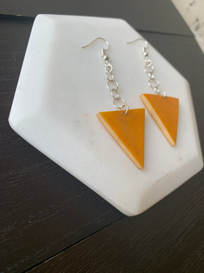 Mustard yellow earrings Tagua jewelry Big dangle earrings Fall fashion Wearable art Mod boho drops Extra long earrings Triangle geometric