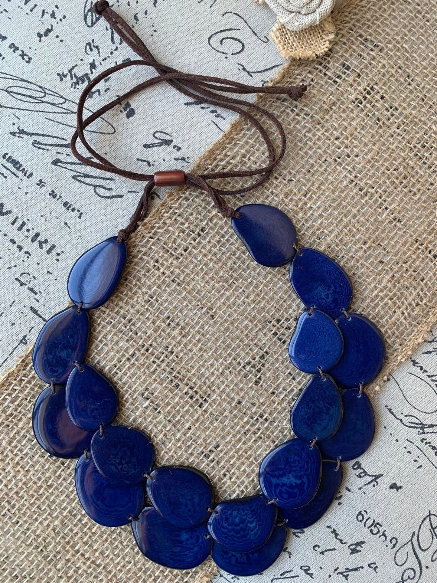 Navy blue statement necklace Double layer adjustable collar Tagua jewelry Big bold chunky For Bridesmaids Two strands bib necklace Layered