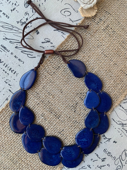 Navy blue statement necklace Double layer adjustable collar Tagua jewelry Big bold chunky For Bridesmaids Two strands bib necklace Layered