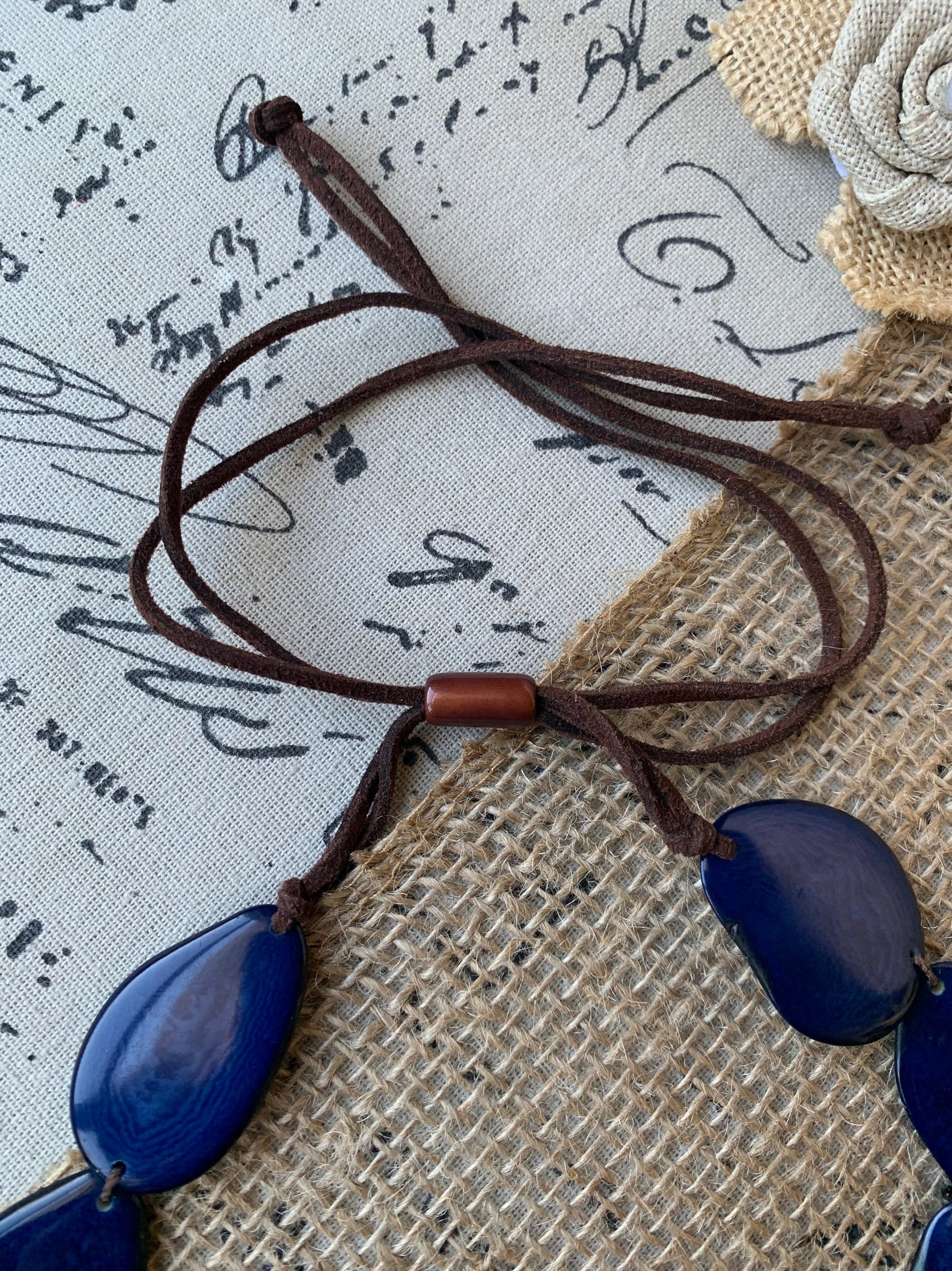 Navy blue statement necklace Double layer adjustable collar Tagua jewelry Big bold chunky For Bridesmaids Two strands bib necklace Layered