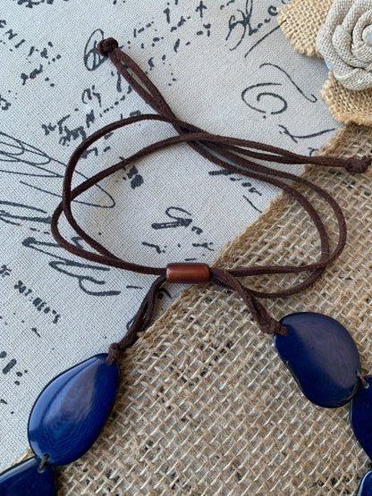 Navy blue statement necklace Double layer adjustable collar Tagua jewelry Big bold chunky For Bridesmaids Two strands bib necklace Layered