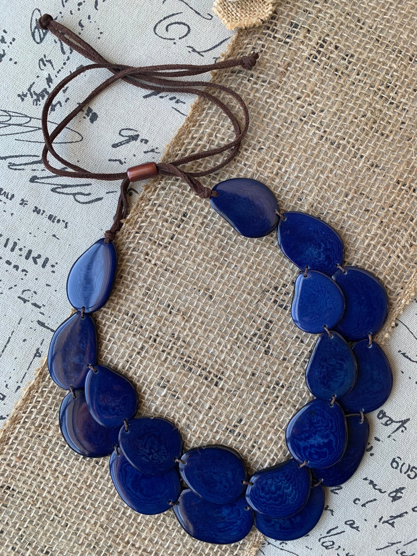 Navy blue statement necklace Double layer adjustable collar Tagua jewelry Big bold chunky For Bridesmaids Two strands bib necklace Layered