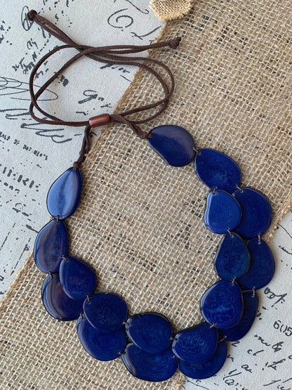 Navy blue statement necklace Double layer adjustable collar Tagua jewelry Big bold chunky For Bridesmaids Two strands bib necklace Layered