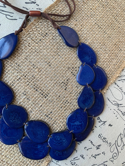 Navy blue statement necklace Double layer adjustable collar Tagua jewelry Big bold chunky For Bridesmaids Two strands bib necklace Layered