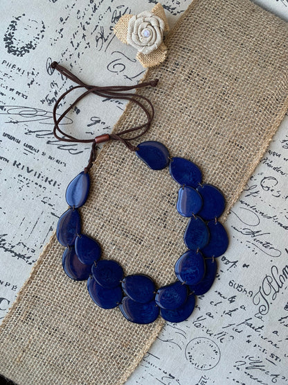 Navy blue statement necklace Double layer adjustable collar Tagua jewelry Big bold chunky For Bridesmaids Two strands bib necklace Layered
