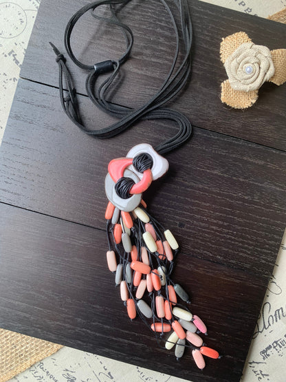 Pink peach gray statement necklace Tagua nut jewelry Macrame fringe necklace Boho jewelry Boho Extra long adjustable cord
