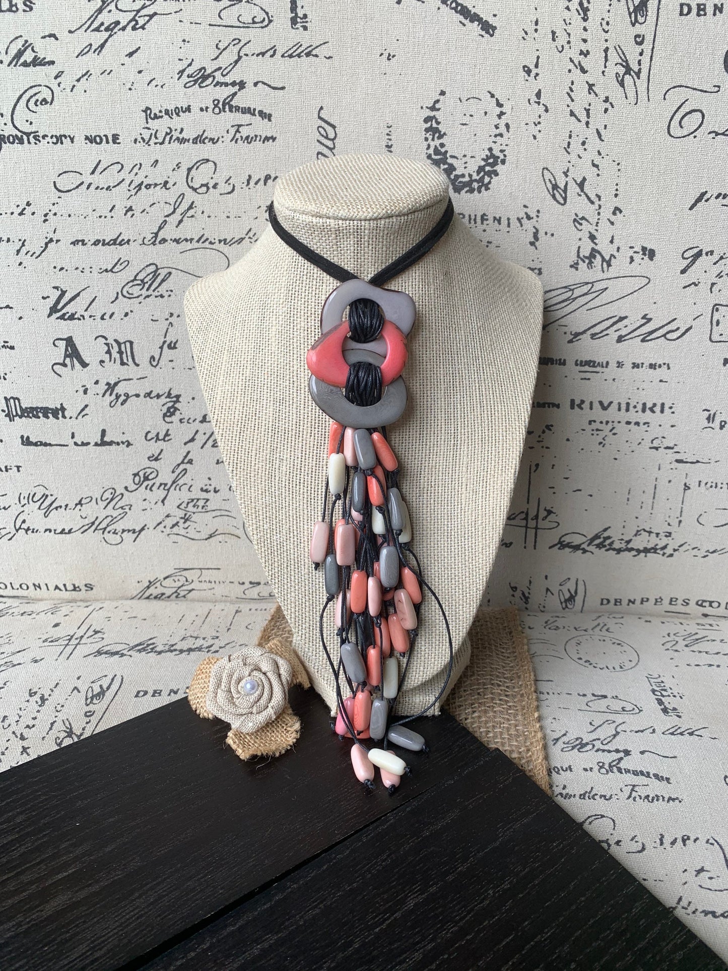 Pink peach gray statement necklace Tagua nut jewelry Macrame fringe necklace Boho jewelry Boho Extra long adjustable cord