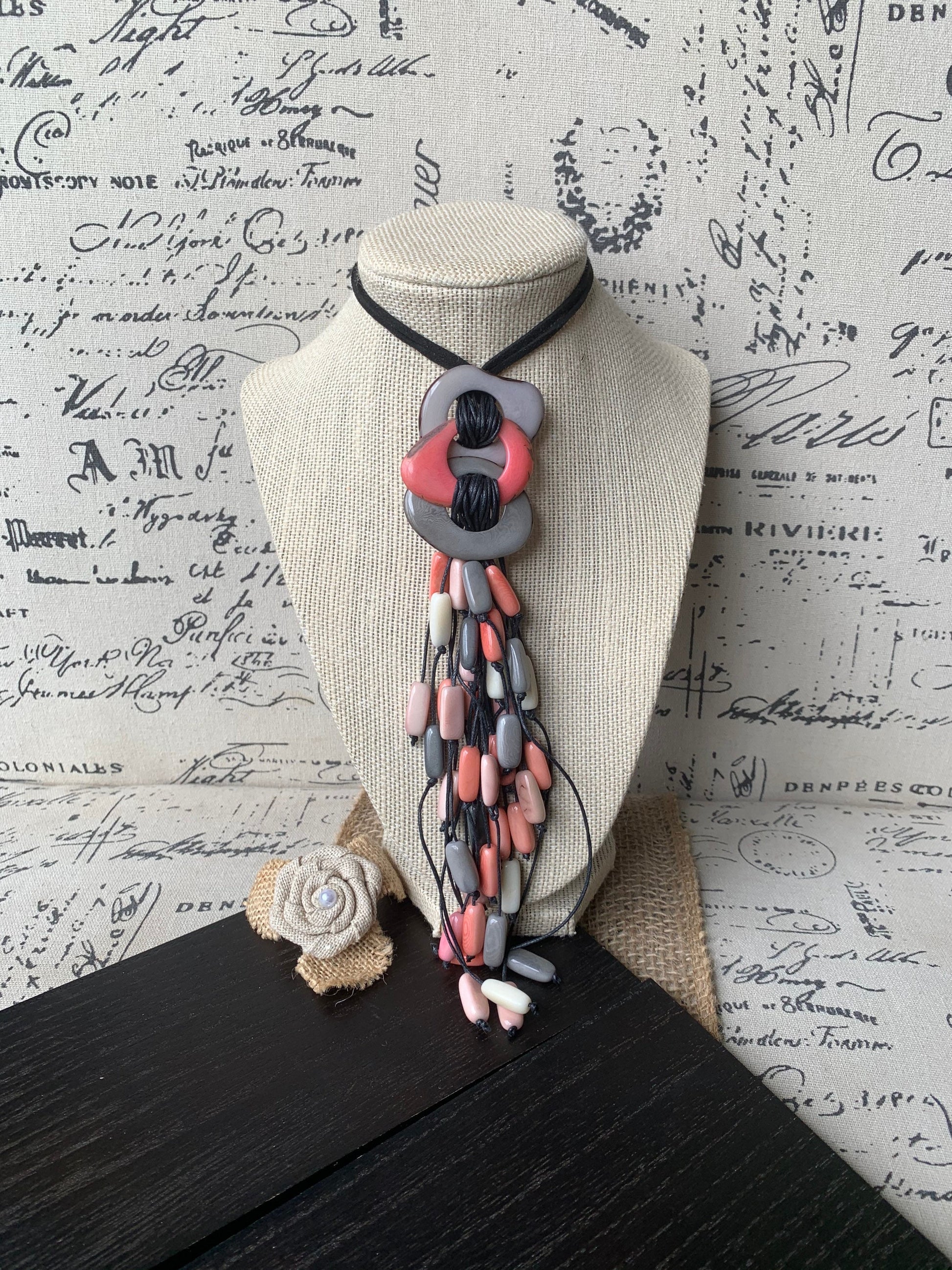Pink peach gray statement necklace Tagua nut jewelry Macrame fringe necklace Boho jewelry Boho Extra long adjustable cord