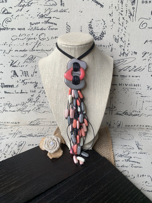 Pink peach gray statement necklace Tagua nut jewelry Macrame fringe necklace Boho jewelry Boho Extra long adjustable cord